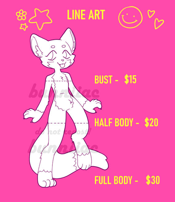Line art prices! Line art bust is $15, half body is $20 and full body is $30!