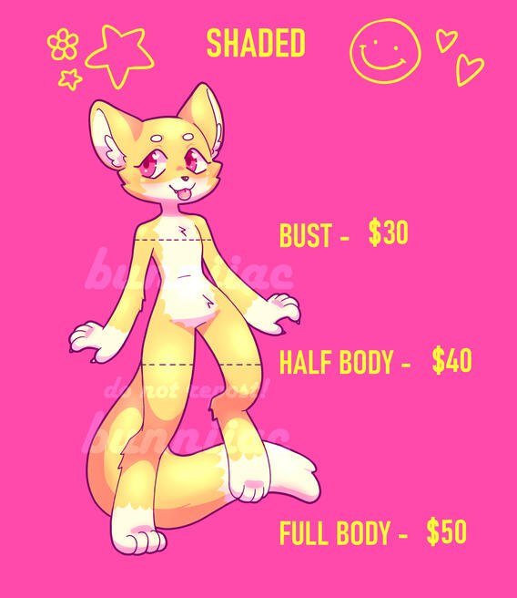 Shaded prices! Shaded bust is $30, half body is $40 and full body is $50!